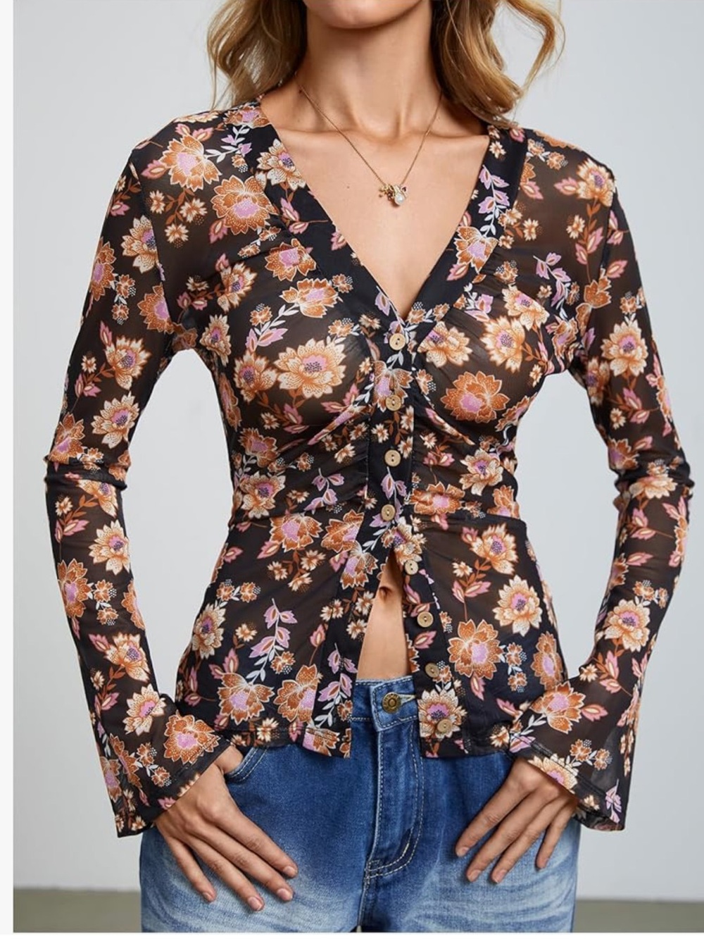 Floral Button-Front Long Sleeve Top - Black Floral